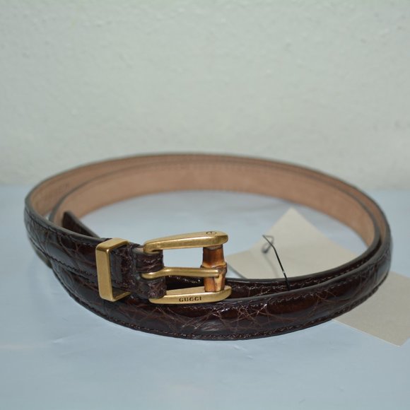NWT GUCCI CROCODILE LEATHER BAMBOO BUCKLE SKINNY BELT
